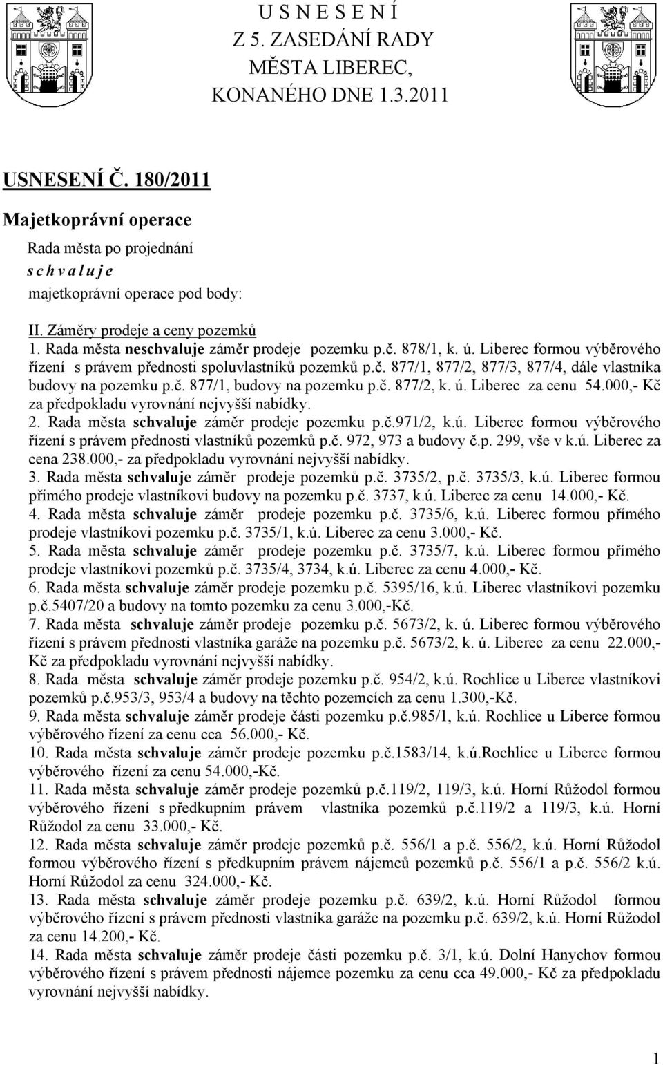 č. 877/2, k. ú. Liberec za cenu 54.000,- Kč za předpokladu vyrovnání nejvyšší nabídky. 2. Rada města záměr prodeje pozemku p.č.971/2, k.ú. Liberec formou výběrového řízení s právem přednosti vlastníků pozemků p.