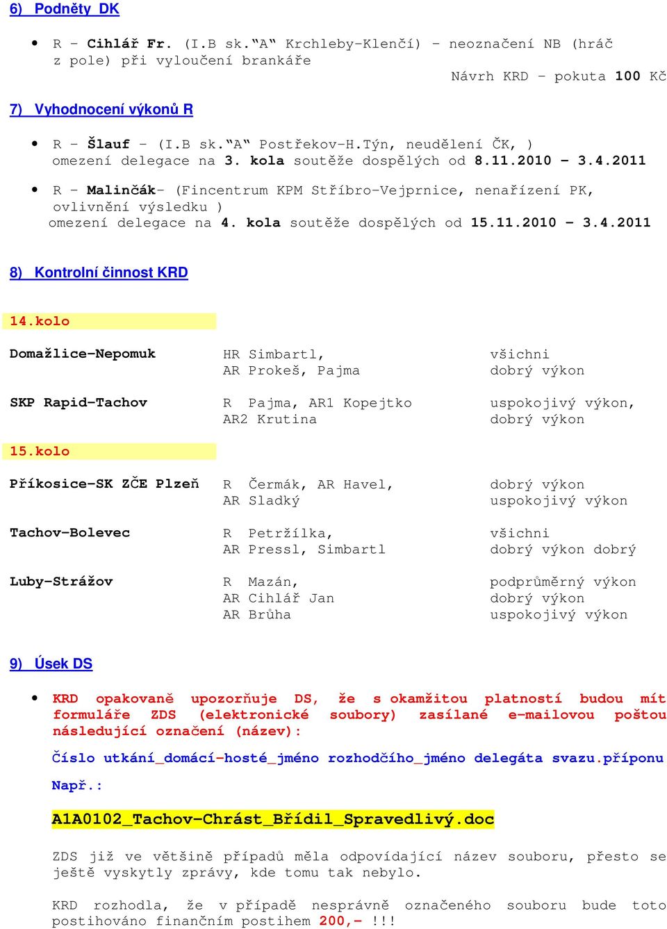 kola soutěže dospělých od 15.11.2010-3.4.2011 8) Kontrolní činnost KRD 14.kolo Domažlice-Nepomuk SKP Rapid-Tachov 15.
