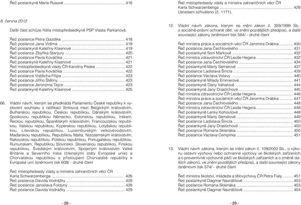 .. 421 Řeč místopředsedkyně vlády ČR Karolíny Peake... 422 Řeč poslance Pavla Kováčika... 422 Řeč poslance Vojtěcha Filipa... 423 Řeč poslance Jiřího Štětiny... 423 Řeč poslance Jeronýma Tejce.