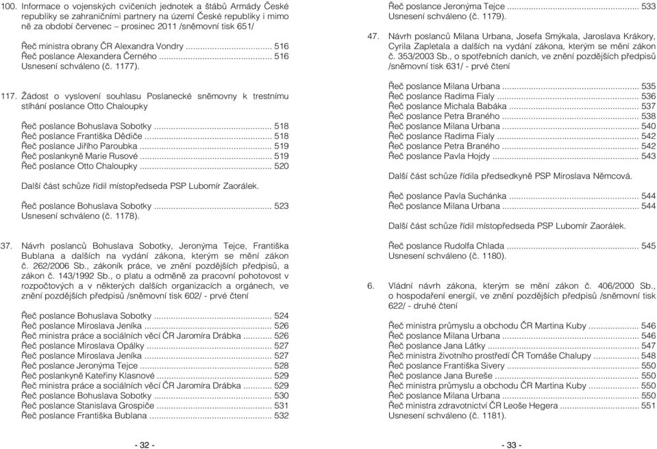 ). 117. Žádost o vyslovení souhlasu Poslanecké sněmovny k trestnímu stíhání poslance Otto Chaloupky Řeč poslance Bohuslava Sobotky... 518 Řeč poslance Františka Dědiče.