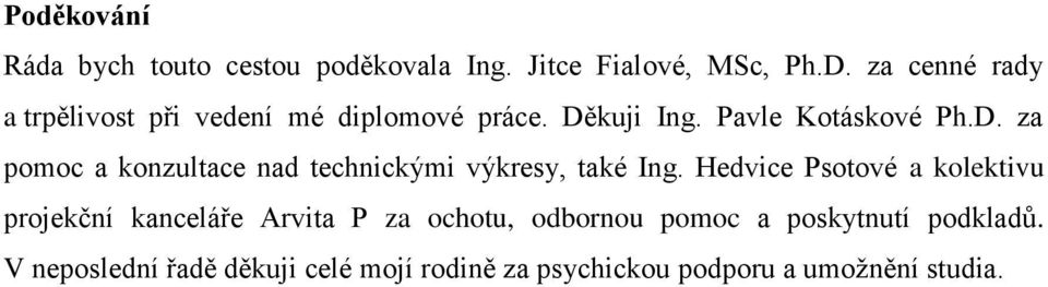 kuji Ing. Pavle Kotáskové Ph.D. za pomoc a konzultace nad technickými výkresy, také Ing.