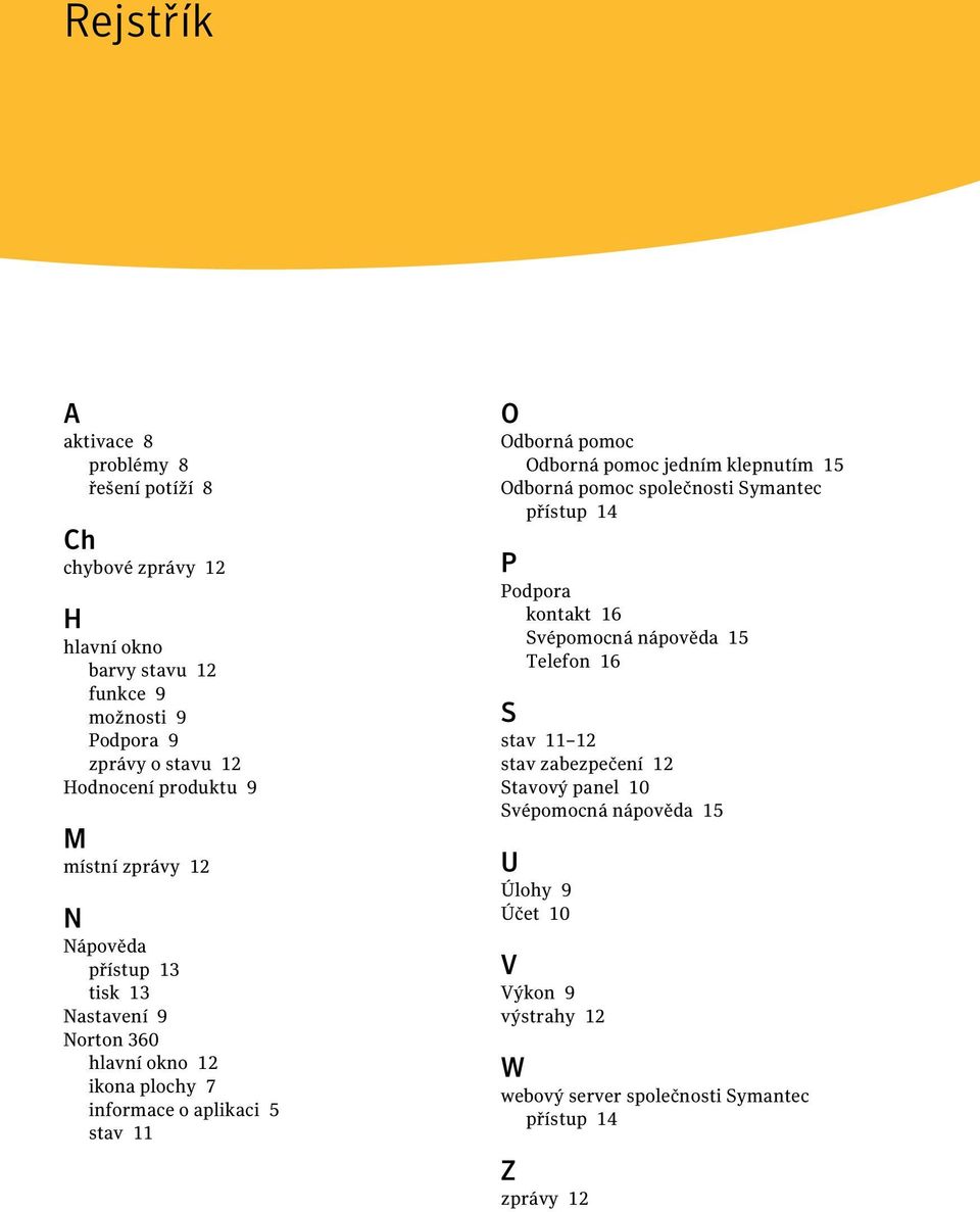 Odborná pomoc Odborná pomoc jedním klepnutím 15 Odborná pomoc společnosti Symantec přístup 14 P Podpora kontakt 16 Svépomocná nápověda 15 Telefon 16 S stav