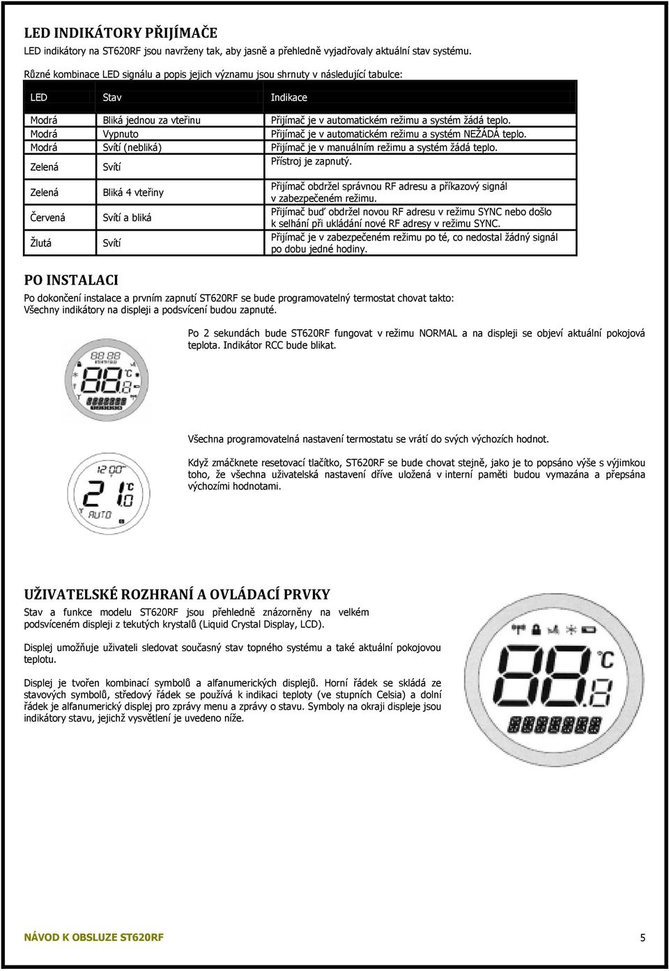 Modrá Vypnuto Přijímač je v automatickém reţimu a systém NEŢÁDÁ teplo. Modrá Svítí (nebliká) Přijímač je v manuálním reţimu a systém ţádá teplo. Zelená Svítí Přístroj je zapnutý.