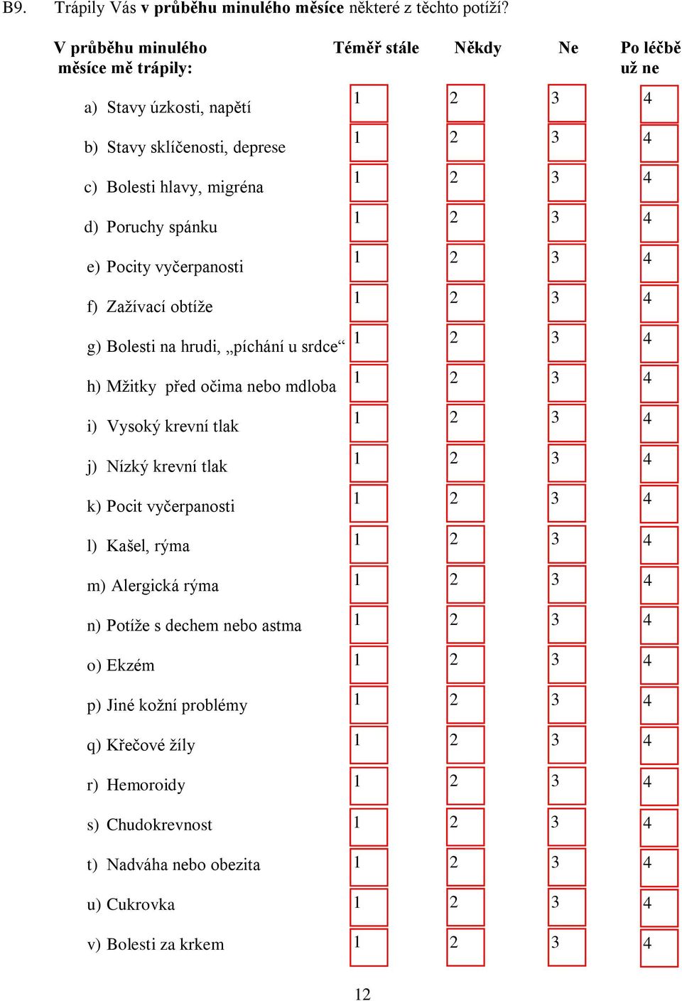 migréna d) Poruchy spánku e) Pocity vyčerpanosti f) Zažívací obtíže g) Bolesti na hrudi, píchání u srdce h) Mžitky před očima nebo mdloba i) Vysoký