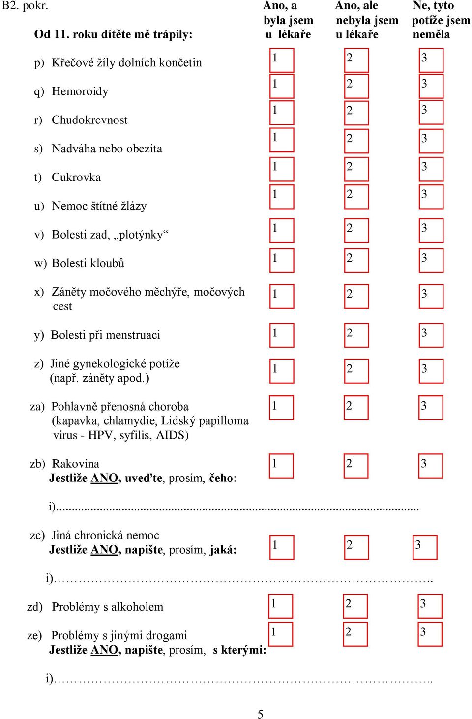 Bolesti zad, plotýnky w) Bolesti kloubů x) Záněty močového měchýře, močových cest y) Bolesti při menstruaci z) Jiné gynekologické potíže (např. záněty apod.