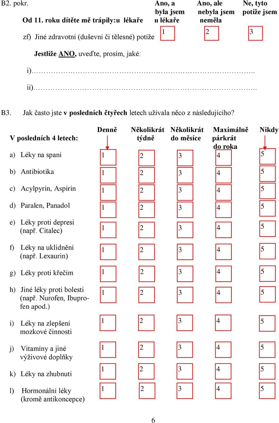 Jak často jste v posledních čtyřech letech užívala něco z následujícího?