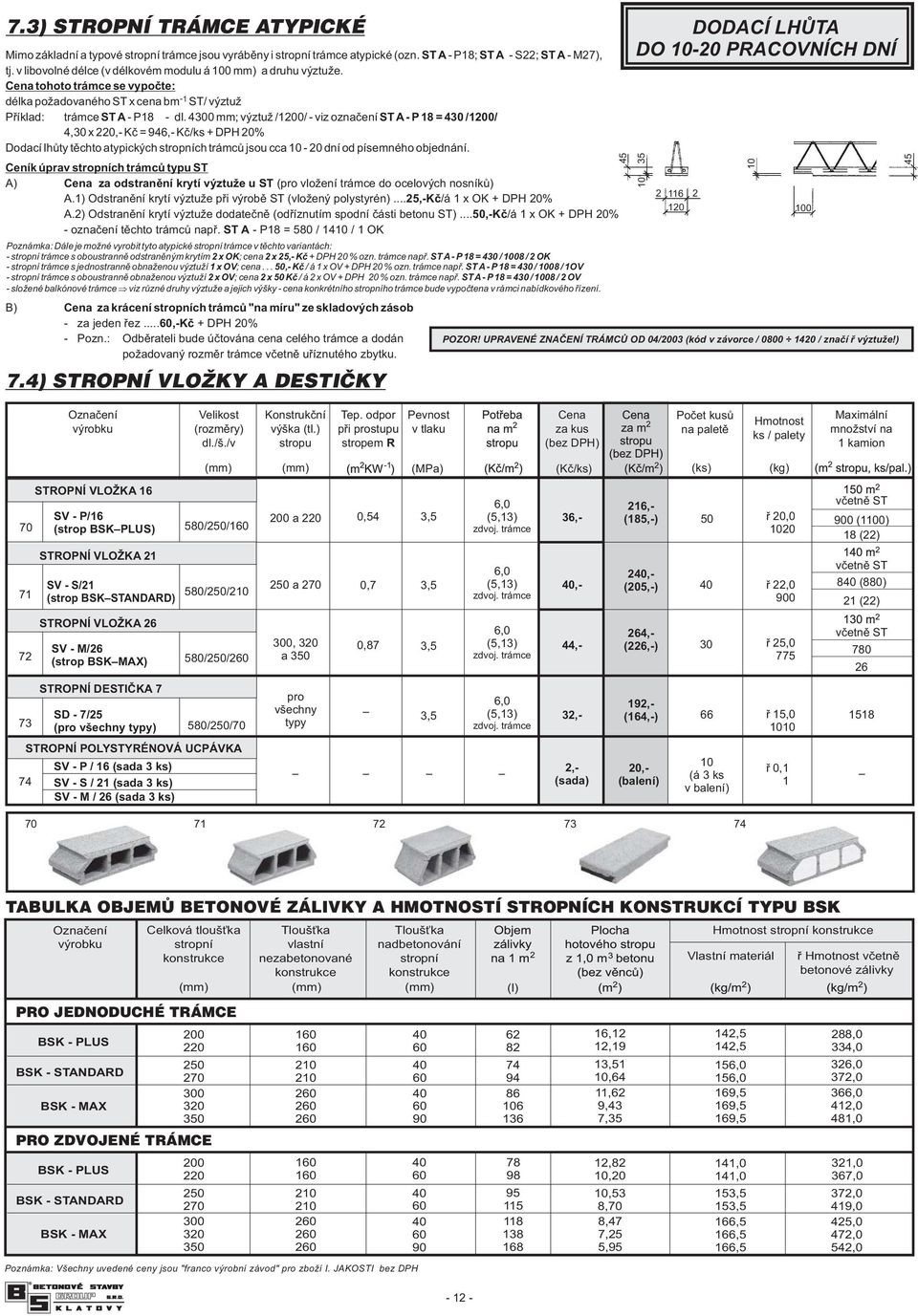 4 mm; výztuž // - viz označení ST A - P 18 = 430 // 4,30 x 0,- Kč = 94,- Kč/ks + DPH 0% Dodací lhůty těchto atypických stropních trámců jsou cca - 0 dní od písemného objednání.