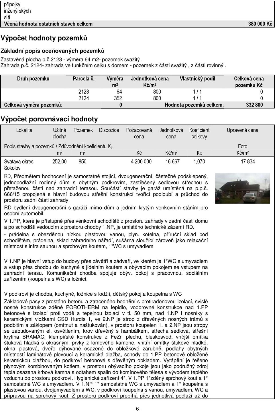 Výměra Jednotková cena m 2 Kč/m 2 pozemku Kč 2123 64 800 1 / 1 0 2124 352 800 1 / 1 0 Celková výměra pozemků: 0 Hodnota pozemků celkem: 332 800 Výpočet porovnávací hodnoty Lokalita Užitná plocha