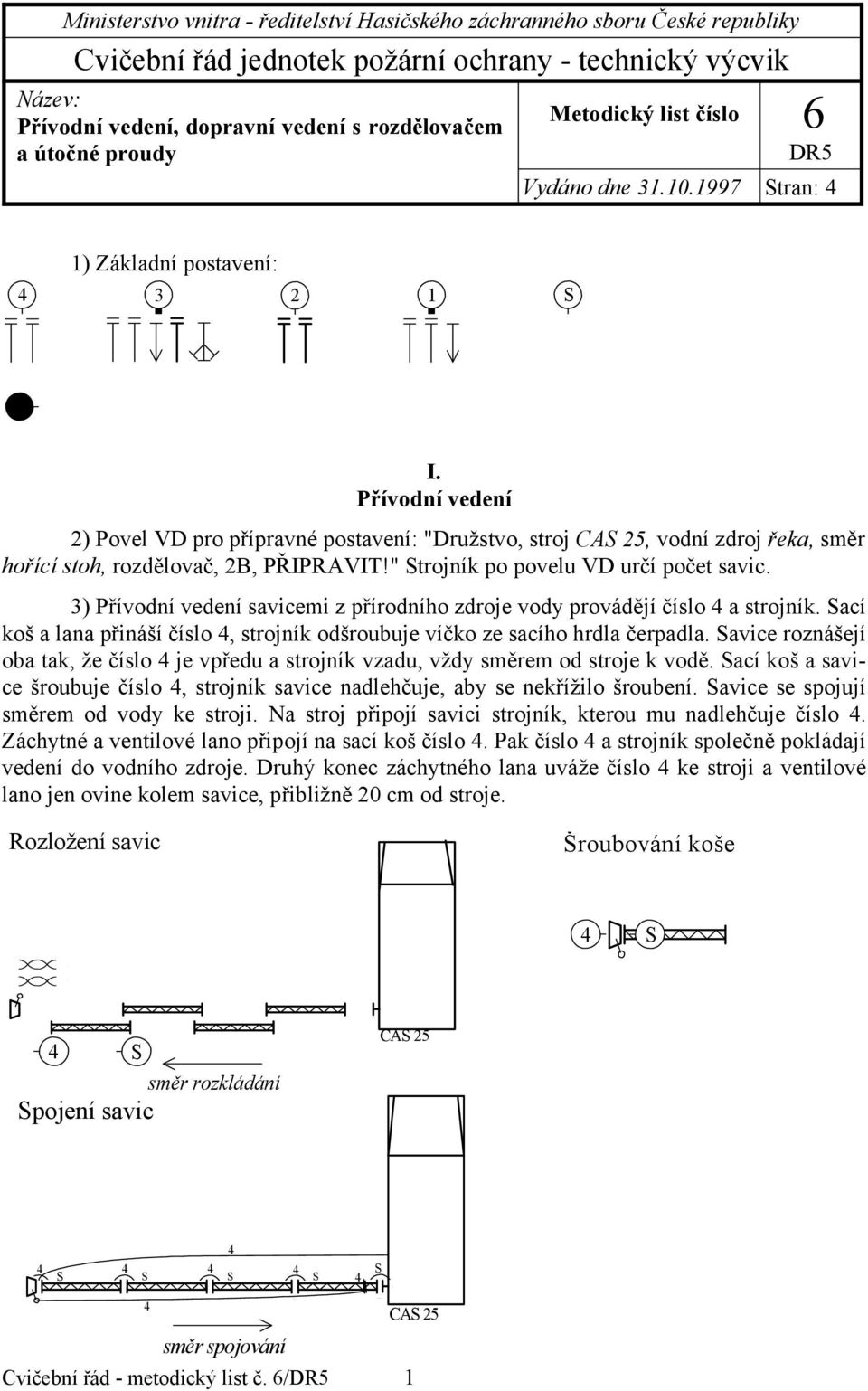 Přívodní vedení ) Povel VD pro přípravné postavení: "Družstvo, stroj CA 5, vodní zdroj řeka, směr hořící stoh, rozdělovač, B, PŘIPRAVIT!" trojník po povelu VD určí počet savic.