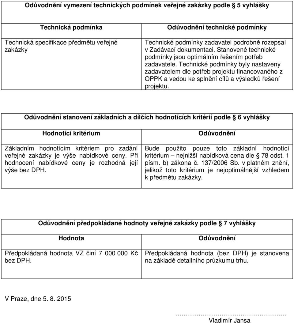 Technické podmínky byly nastaveny zadavatelem dle potřeb projektu financovaného z OPPK a vedou ke splnění cílů a výsledků řešení projektu.