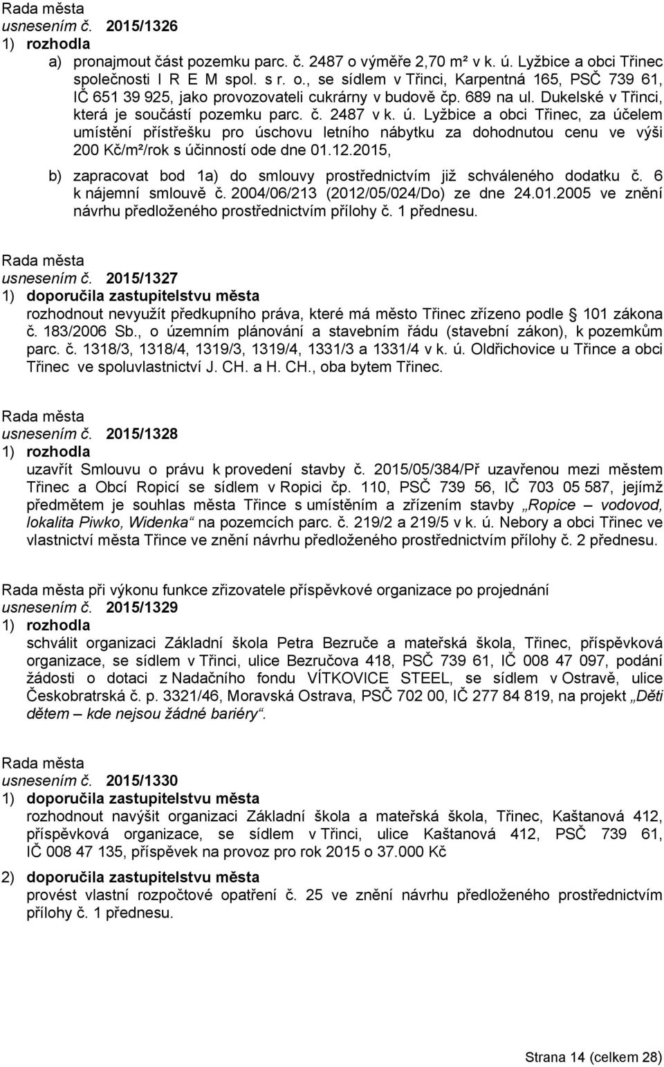 Lyžbice a obci Třinec, za účelem umístění přístřešku pro úschovu letního nábytku za dohodnutou cenu ve výši 200 Kč/m²/rok s účinností ode dne 01.12.