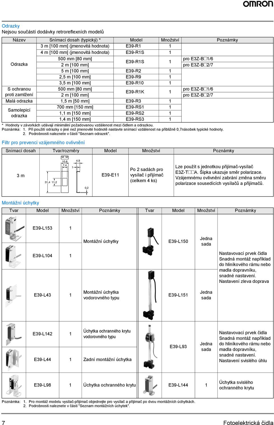 Samolepicí, m [ mm] E9-RS odrazka, m [ mm] E9-RS * Hodnoty v závorkách udávají minimální požadovanou vzdálenost mezi čidlem a odrazkou. Poznámka:.