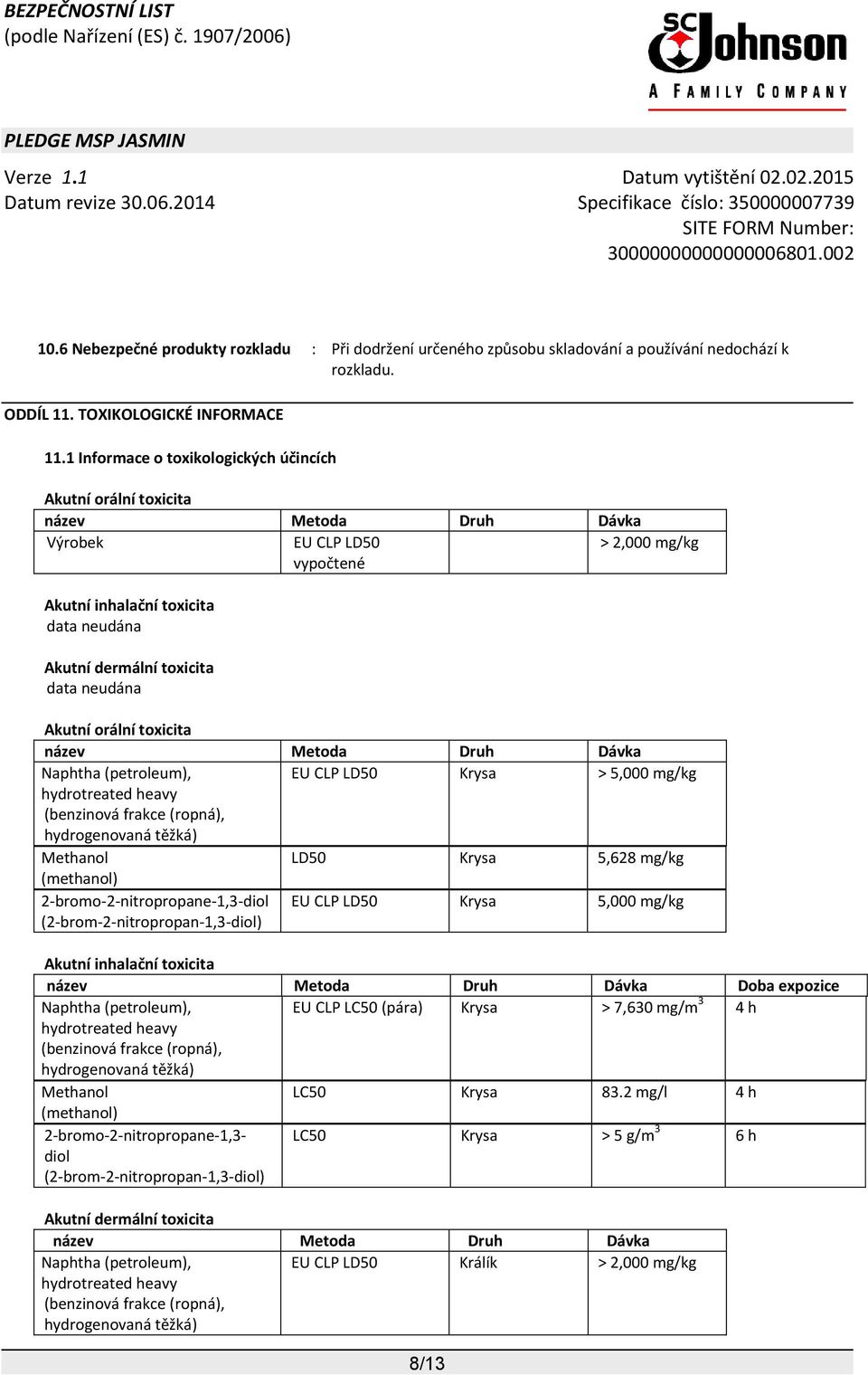 neudána Akutní orální toxicita název Metoda Druh Dávka EU CLP LD50 Krysa > 5,000 mg/kg LD50 Krysa 5,628 mg/kg 2-bromo-2-nitropropane-1,3-diol (2-brom-2-nitropropan-1,3-diol) EU CLP LD50 Krysa 5,000