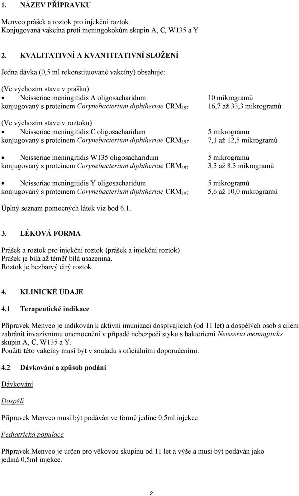 proteinem Corynebacterium diphtheriae CRM 197 16,7 až 33,3 mikrogramů (Ve výchozím stavu v roztoku) Neisseriae meningitidis C oligosacharidum 5 mikrogramů konjugovaný s proteinem Corynebacterium