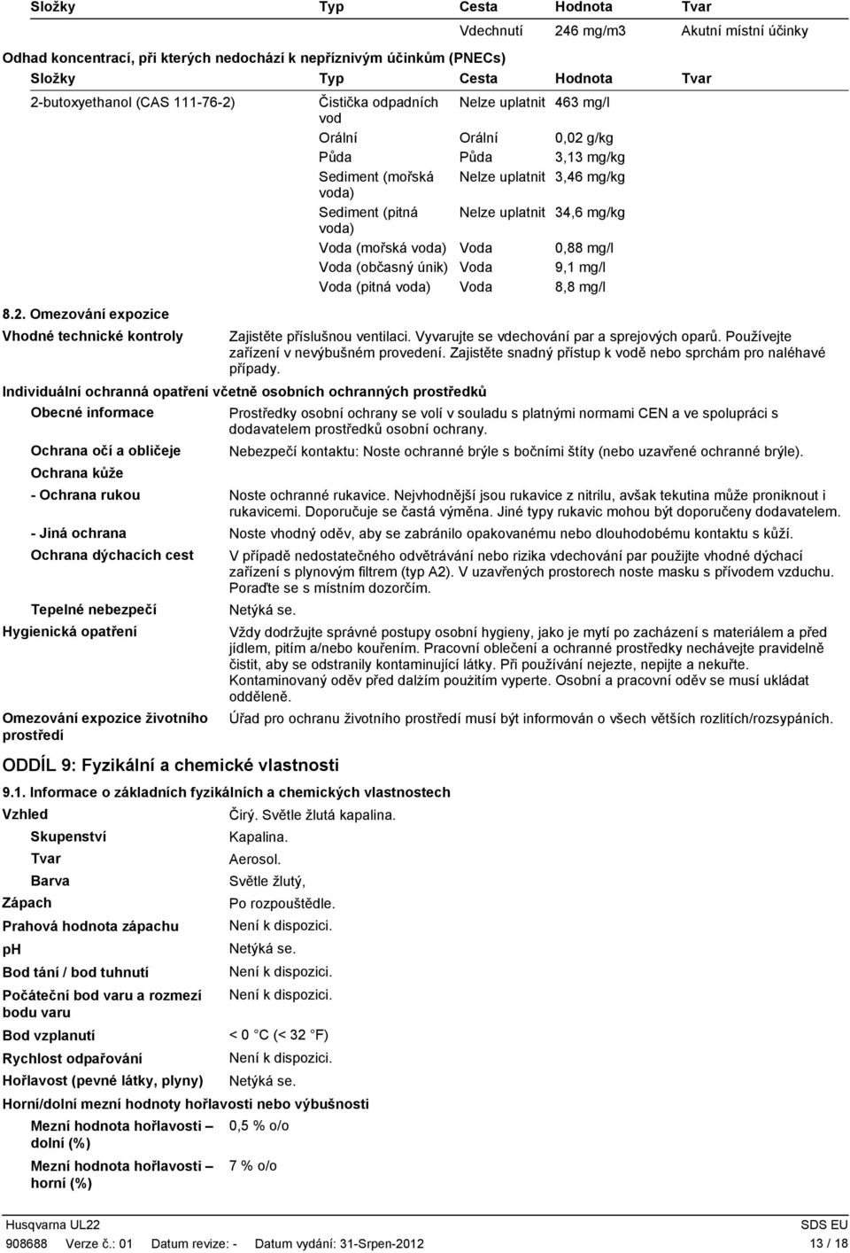 3,46 mg/kg voda) Sediment (pitná Nelze uplatnit 34,6 mg/kg voda) Voda (mořská voda) Voda 0,88 mg/l Voda (občasný únik) Voda 9,1 mg/l Voda (pitná voda) Voda 8,8 mg/l Zajistěte příslušnou ventilaci.