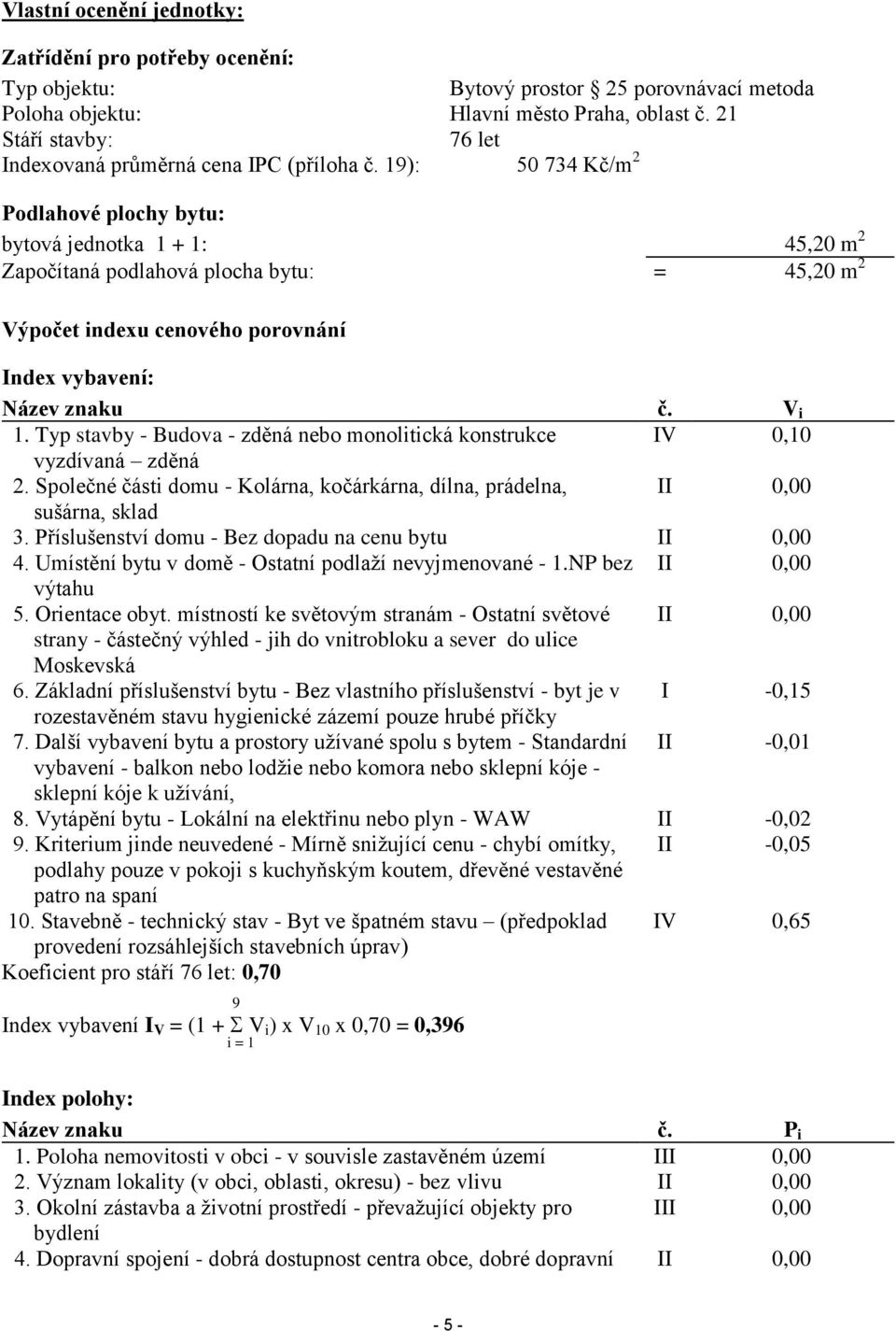 19): 50 734 Kč/m 2 Podlahové plochy bytu: bytová jednotka 1 + 1: 45,20 m 2 Započítaná podlahová plocha bytu: = 45,20 m 2 Výpočet indexu cenového porovnání Index vybavení: Název znaku č. V i 1.