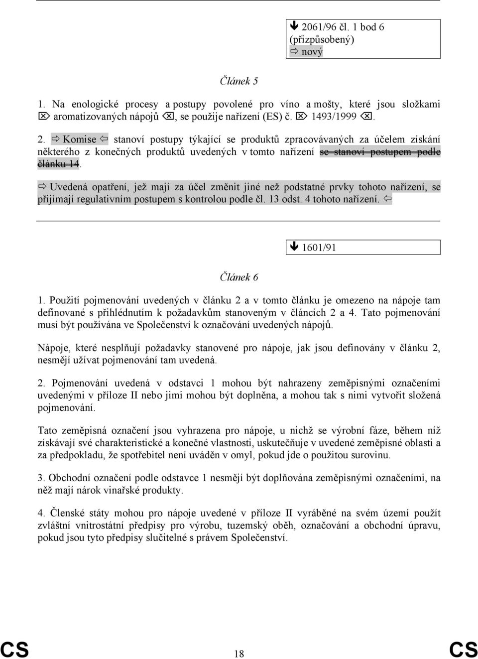 Uvedená opatření, jež mají za účel změnit jiné než podstatné prvky tohoto nařízení, se přijímají regulativním postupem s kontrolou podle čl. 13 odst. 4 tohoto nařízení. 1601/91 Článek 6 1.