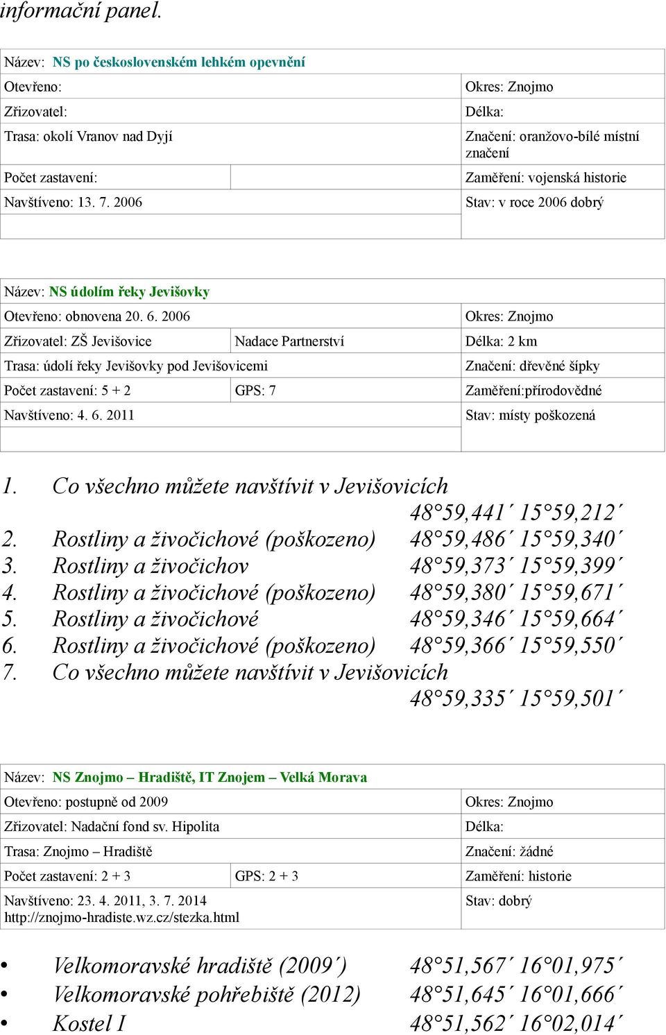 2006 Zřizovatel: ZŠ Jevišovice Nadace Partnerství Délka: 2 km Trasa: údolí řeky Jevišovky pod Jevišovicemi Značení: dřevěné šípky Počet zastavení: 5 + 2 GPS: 7 Zaměření:přírodovědné Navštíveno: 4. 6.