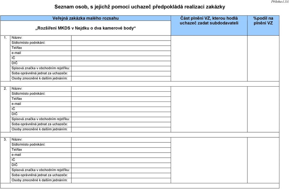 Název: Sídlo/místo podnikání: Tel/fax e-mail IČ DIČ Spisová značka v obchodním rejstříku: Soba oprávněná jednat za uchazeče: Osoby zmocněné k dalším jednáním: 2.