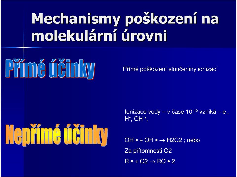 Ionizace vody v čase 10-10 vzniká e -, H, OH,