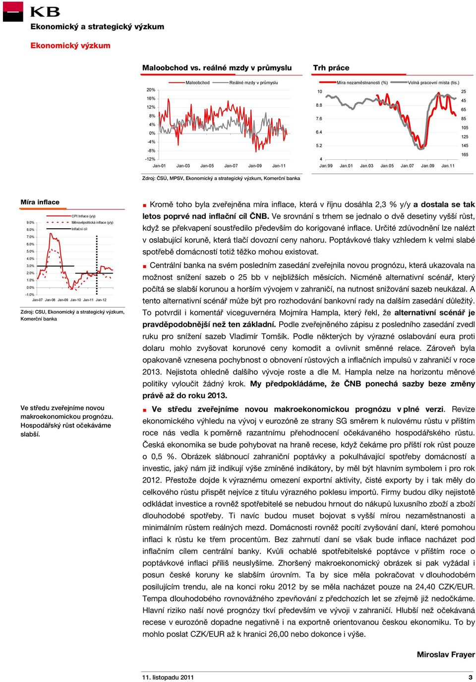 ) 10 25 45 8.8 65 7.6 85 105 6.4 125 5.2 145 165 4 Jan.99 Jan.01 Jan.03 Jan.05 Jan.07 Jan.09 Jan.11 Zdroj: ČSÚ, MPSV, Ekonomický a strategický výzkum, Komerční banka Míra inflace 9.0% 8.0% 7.0% 6.