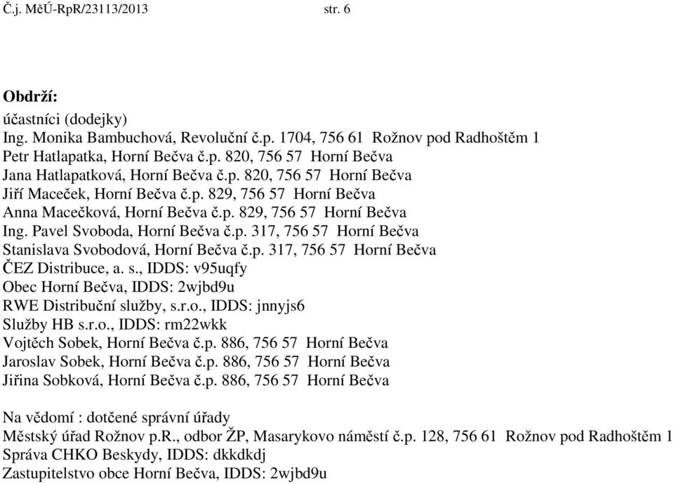 p. 317, 756 57 Horní Bečva ČEZ Distribuce, a. s., IDDS: v95uqfy Obec Horní Bečva, IDDS: 2wjbd9u RWE Distribuční služby, s.r.o., IDDS: jnnyjs6 Služby HB s.r.o., IDDS: rm22wkk Vojtěch Sobek, Horní Bečva č.