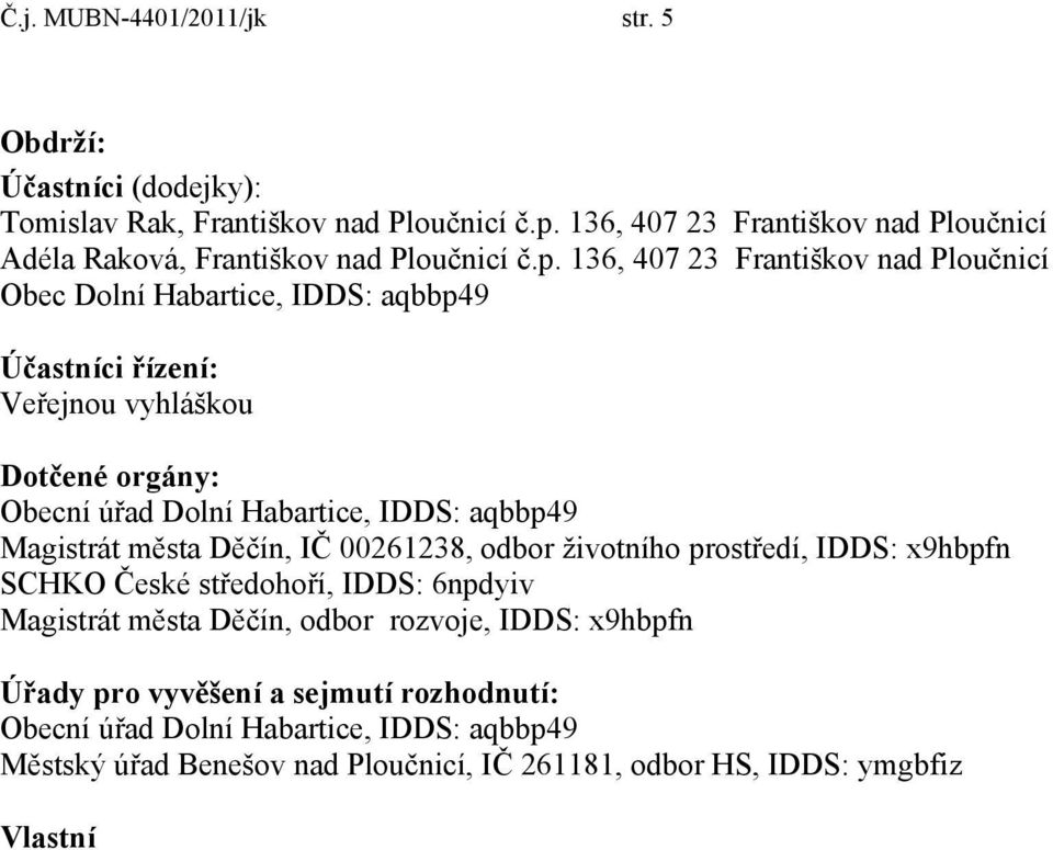 136, 407 23 Františkov nad Ploučnicí Obec Dolní Habartice, IDDS: aqbbp49 Účastníci řízení: Veřejnou vyhláškou Dotčené orgány: Obecní úřad Dolní Habartice, IDDS: aqbbp49