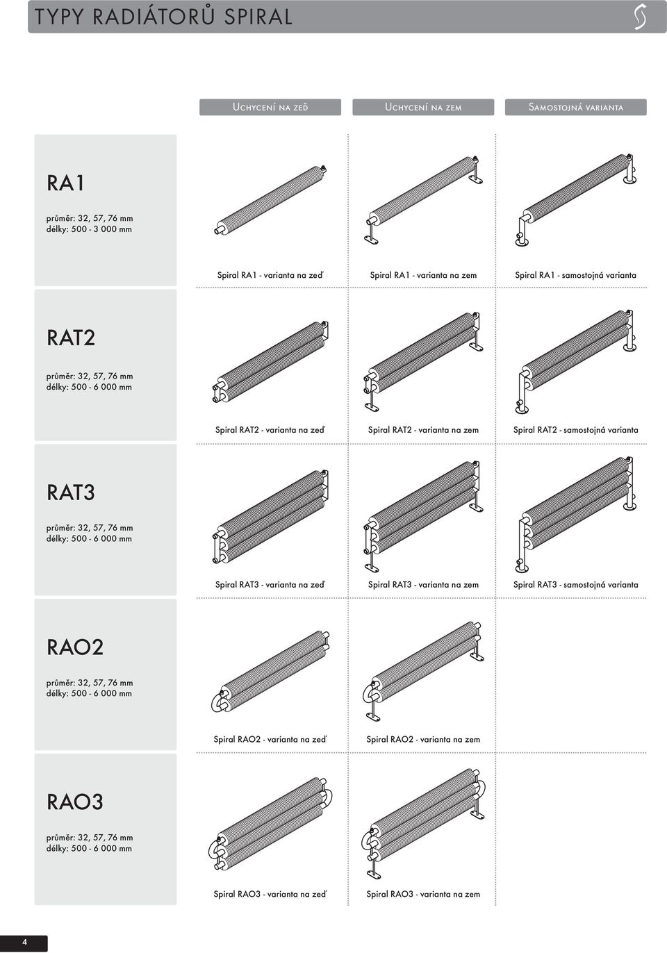varianta RAT3 průměr: 32, 57, 76 mm délky: 500-6 000 mm Spiral RAT3 - varianta na zeď Spiral RAT3 - varianta na zem Spiral RAT3 - samostojná varianta RAO2 průměr: 32, 57, 76 mm