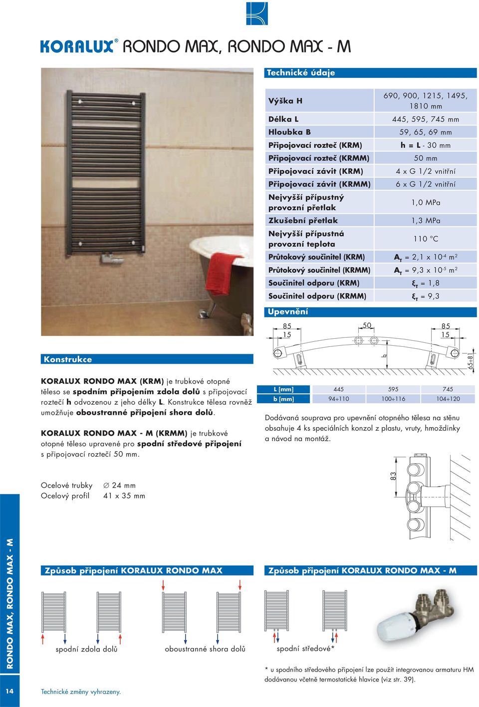 součinitel (KRM) A T = 2,1 x 10-4 m 2 Průtokový součinitel (KRMM) A T = 9,3 x 10-5 m 2 Součinitel odporu (KRM) ξ T = 1,8 Součinitel odporu (KRMM) ξ e T = 9,3 Upevnění 85 85 85 85 15 15 Konstrukce