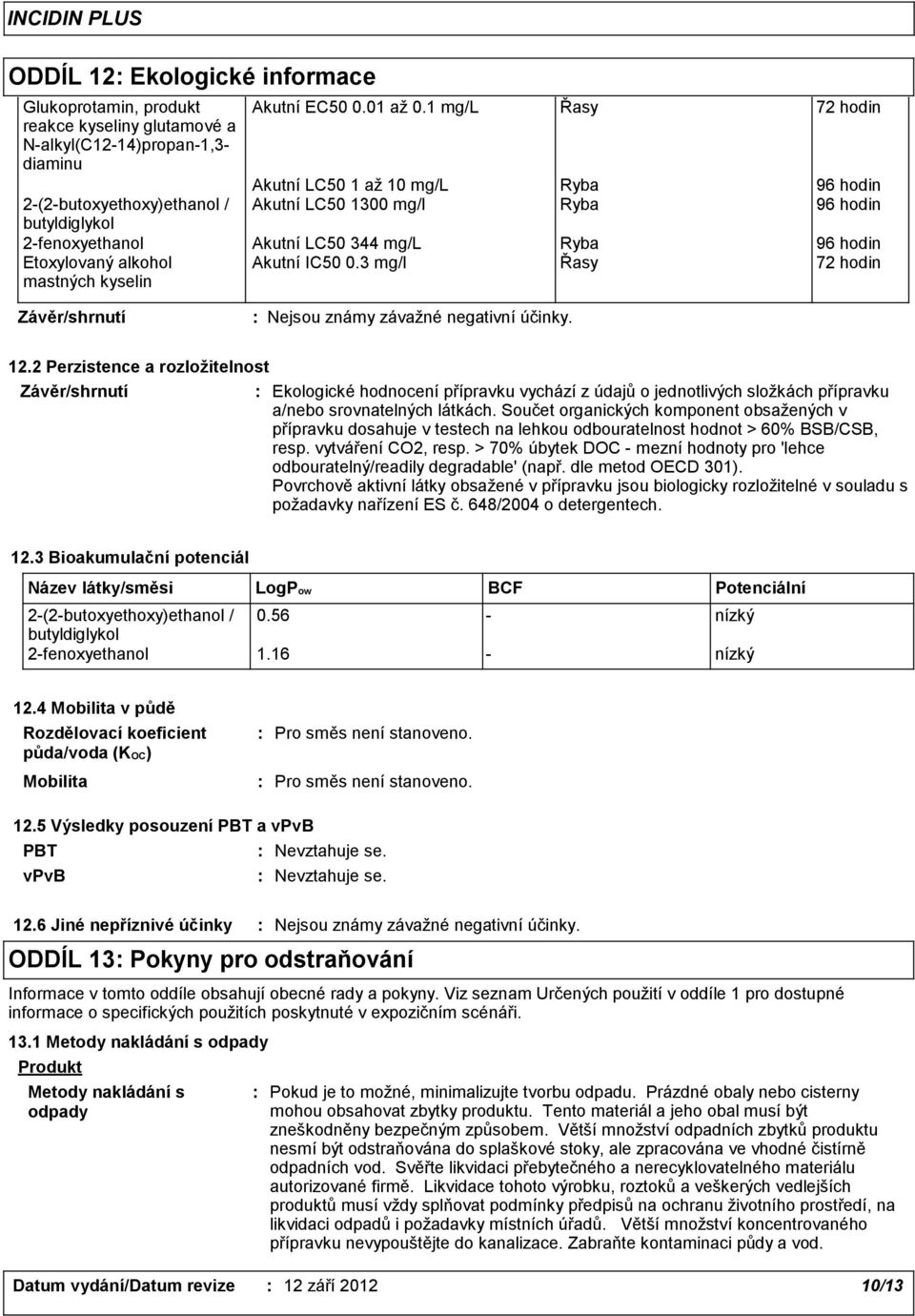 butyldiglykol 2-fenoxyethanol Akutní LC50 344 mg/l Ryba 96 hodin Etoxylovaný alkohol mastných kyselin Akutní IC50 0.3 mg/l Řasy 72 hodin Nejsou známy závažné negativní účinky. 12.