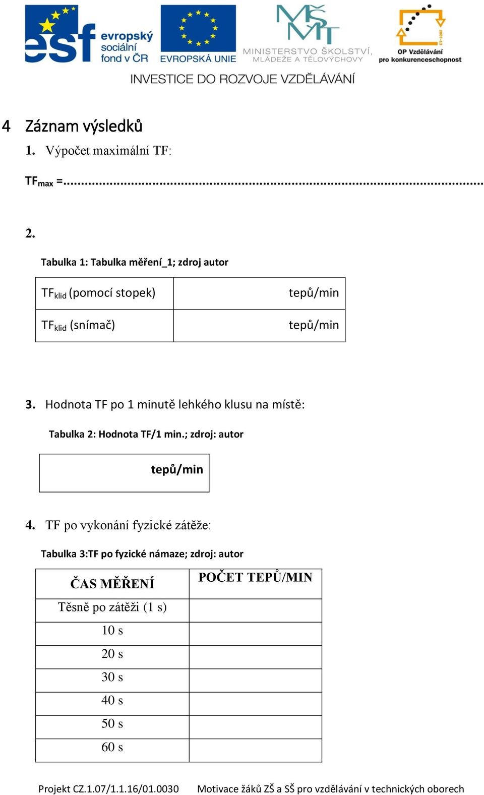 Hodnota TF po 1 minutě lehkého klusu na místě: Tabulka 2: Hodnota TF/1 min.; zdroj: autor tepů/min 4.