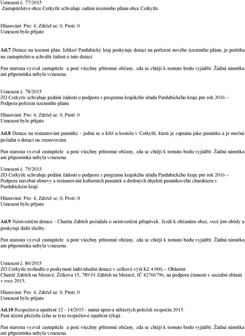 78/2015 ZO Cotkytle schvaluje podání žádosti o podporu z programu krajského úřadu Pardubického kraje pro rok 2016 Podpora pořízení územního plánu Ad.