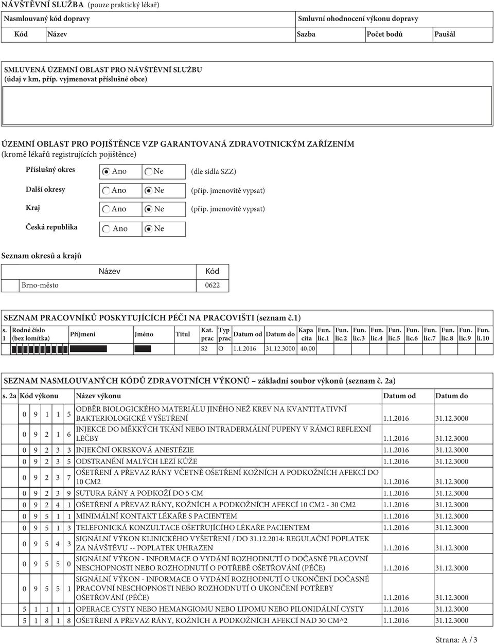 sídla SZZ) (příp. jmenovitě vypsat) (příp. jmenovitě vypsat) Česká republika Ano Ne Seznam okresů a krajů Název Kód Brno-město 0622 SEZNAM PRACOVNÍKŮ POSKYTUJÍCÍCH PÉČI NA PRACOVIŠTI (seznam č.1) s.