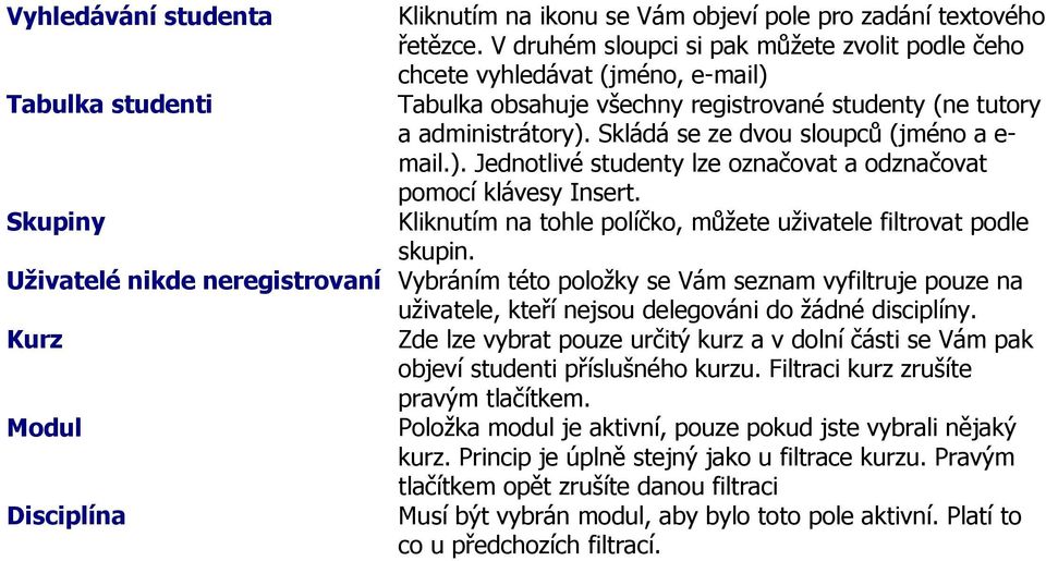 Skládá se ze dvou sloupců (jméno a e- mail.). Jednotlivé studenty lze označovat a odznačovat pomocí klávesy Insert. Skupiny Kliknutím na tohle políčko, můžete uživatele filtrovat podle skupin.