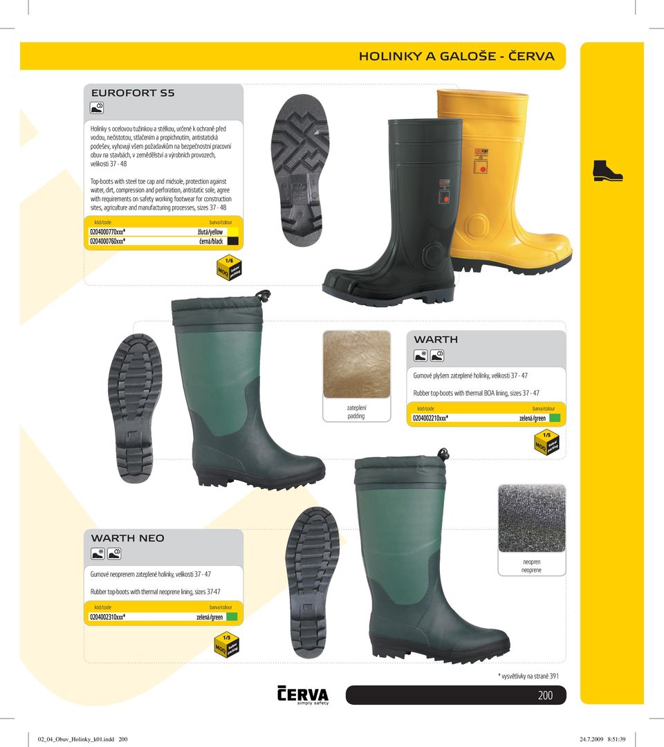 agree with requirements on safety woring footwear for construction sites, agriculture and manufacturing processes, sizes 37-48 0204000770xxx* 0204000760xxx* žlutá/yellow 1/6 WARTH Gumové plyšem