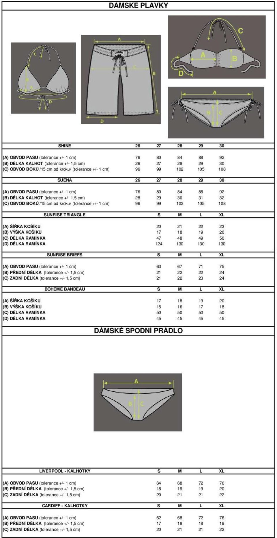 102 105 108 SUNRISE TRIANGLE S M L XL (A) ŠÍŘKA KOŠÍKU 20 21 22 23 (B) VÝŠKA KOŠÍKU 17 18 19 20 (C) DÉLKA RAMÍNKA 47 48 49 50 (D) DÉLKA RAMÍNKA 124 130 130 130 S M L XL SUNRISE BRIEFS (A) OBVOD PASU