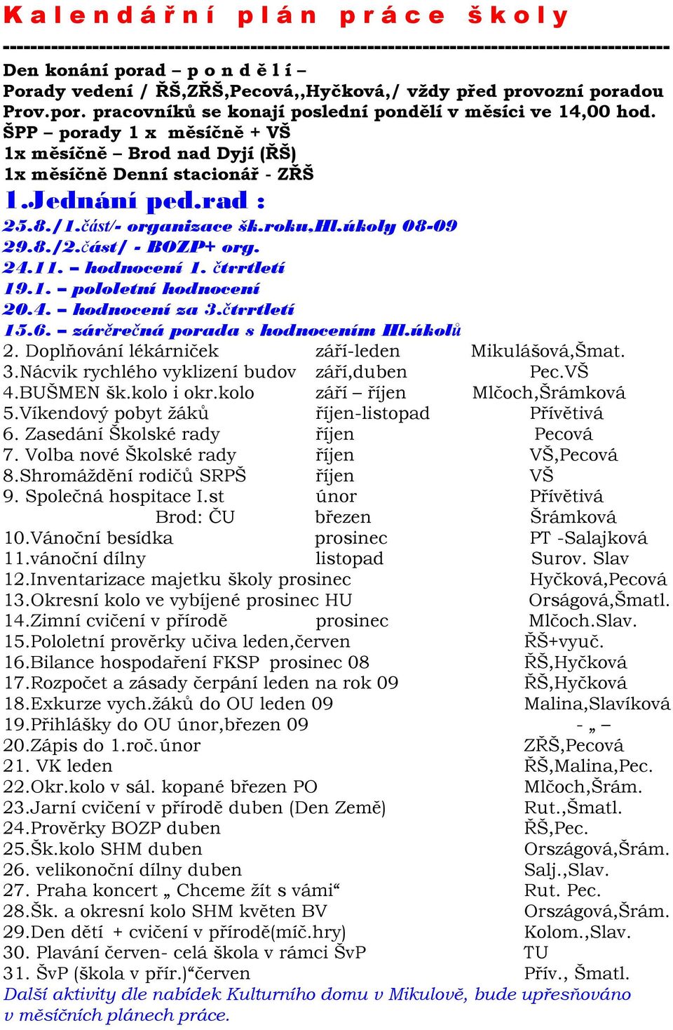 ŠPP porady 1 x měsíčně + VŠ 1x měsíčně Brod nad Dyjí (ŘŠ) 1x měsíčně Denní stacionář - ZŘŠ 1.Jednání ped.rad : 25.8./1.část/- organizace šk.roku,hl.úkoly 08-09 29.8./2.část/ - BOZP+ org. 24.11.