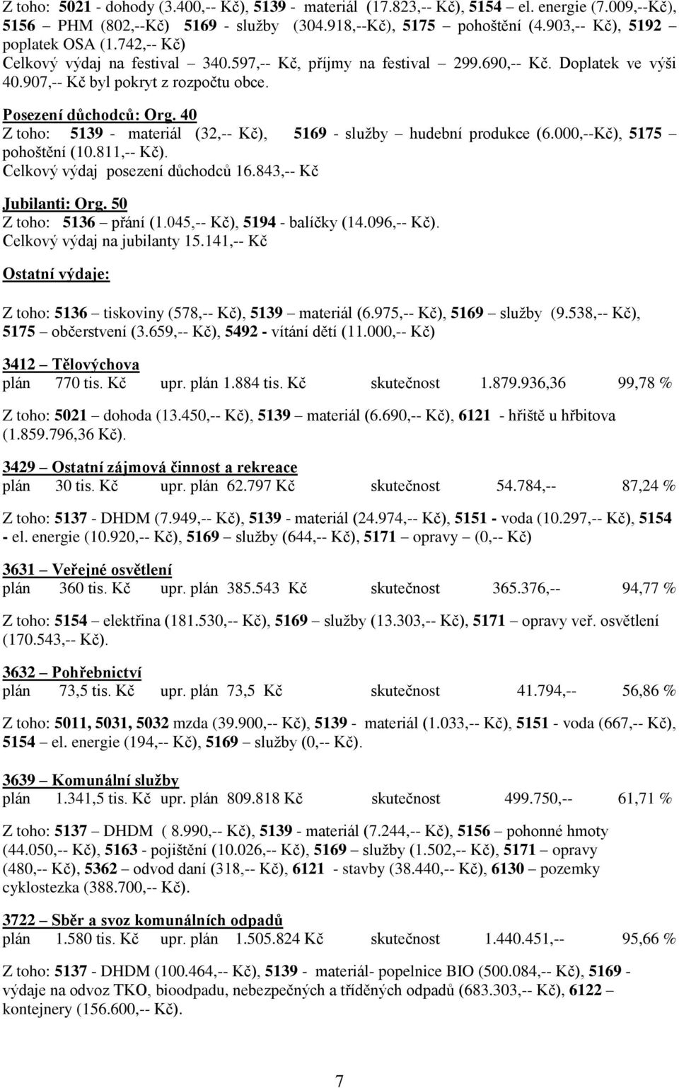 40 Z toho: 5139 - materiál (32,-- Kč), 5169 - služby hudební produkce (6.000,--Kč), 5175 pohoštění (10.811,-- Kč). Celkový výdaj posezení důchodců 16.843,-- Kč Jubilanti: Org.