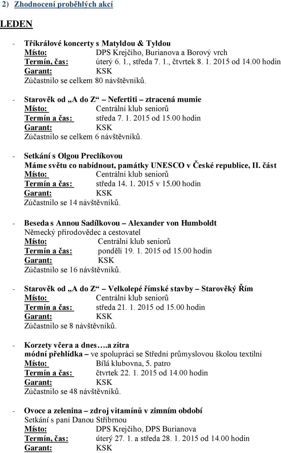 - Setkání s Olgou Preclíkovou Máme světu co nabídnout, památky UNESCO v České republice, II. část Termín a čas: středa 14. 1. 2015 v 15.00 hodin Zúčastnilo se 14 návštěvníků.