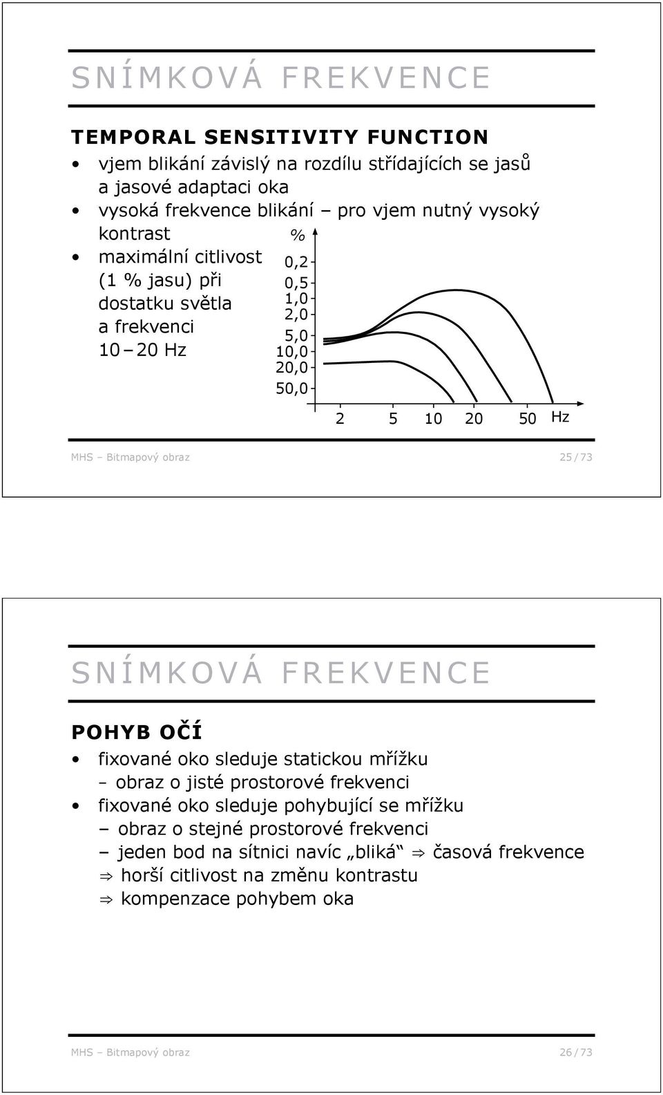 obraz 25 / 73 SNÍMKOVÁ FREKVENCE POHYB O Í fixované oko sleduje statickou m ížku obraz o jisté prostorové frekvenci fixované oko sleduje pohybující se m ížku