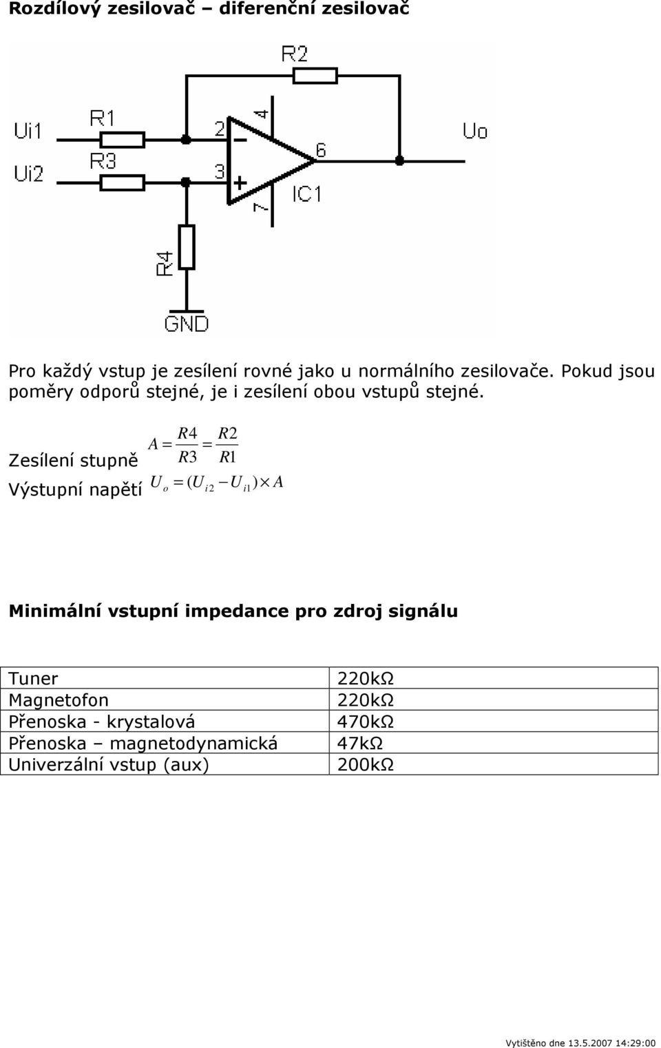 A Zesílení stupně ( Výstupní napětí i i) o A Minimální vstupní impedance pro zdroj signálu Tuner