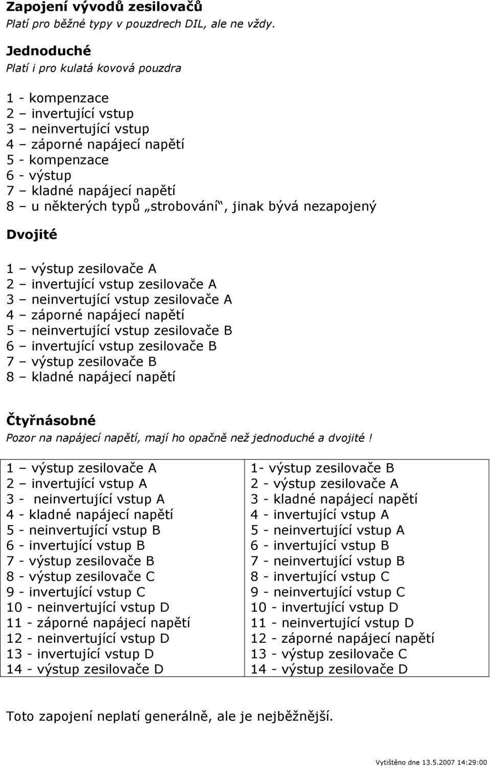 strobování, jinak bývá nezapojený Dvojité výstup zesilovače A invertující vstup zesilovače A neinvertující vstup zesilovače A záporné napájecí napětí 5 neinvertující vstup zesilovače B 6 invertující