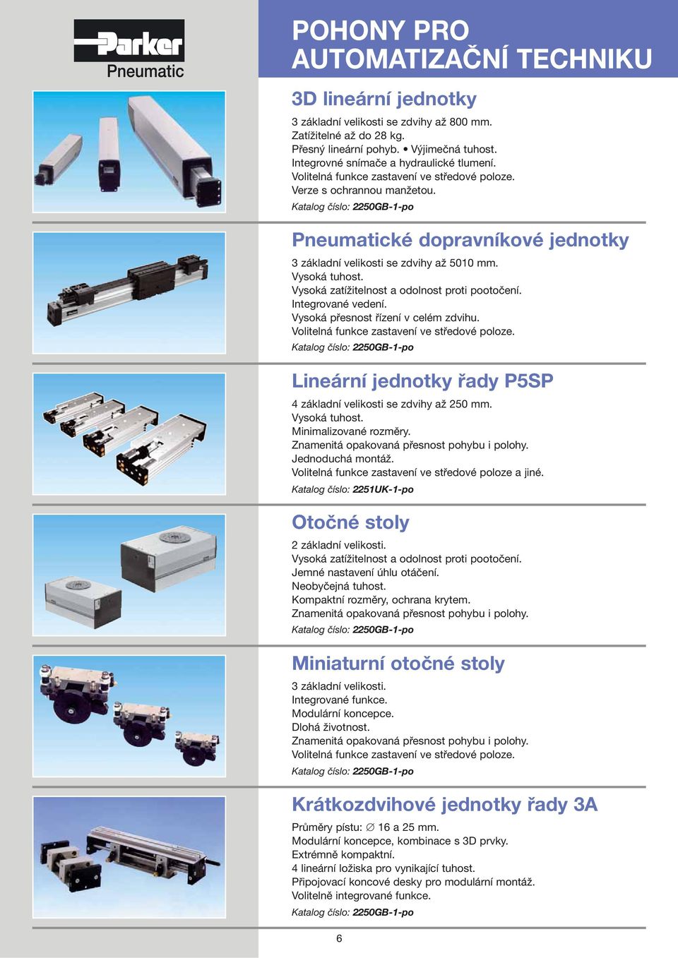 Katalog číslo: 2250GB-1-po Pneumatické dopravníkové jednotky 3 základní velikosti se zdvihy až 5010 mm. Vysoká tuhost. Vysoká zatížitelnost a odolnost proti pootočení. Integrované vedení.