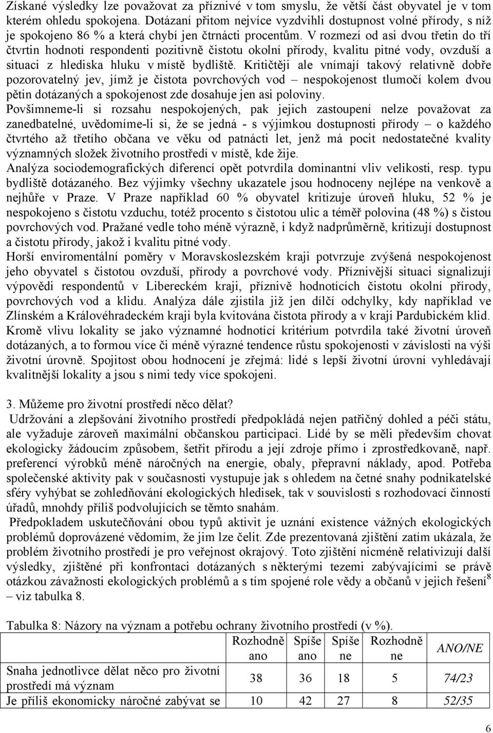 V rozmezí od asi dvou třetin do tří čtvrtin hodnotí respondenti pozitivně čistotu okolní přírody, kvalitu pitné vody, ovzduší a situaci z hlediska hluku v místě bydliště.