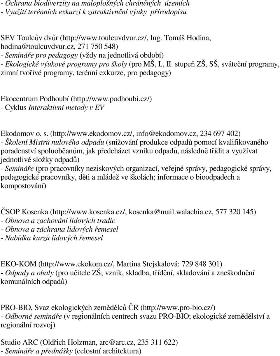 stupeň ZŠ, SŠ, sváteční programy, zimní tvořivé programy, terénní exkurze, pro pedagogy) Ekocentrum Podhoubí (http://www.podhoubi.cz/) - Cyklus Interaktivní metody v EV Ekodomov o. s. (http://www.ekodomov.