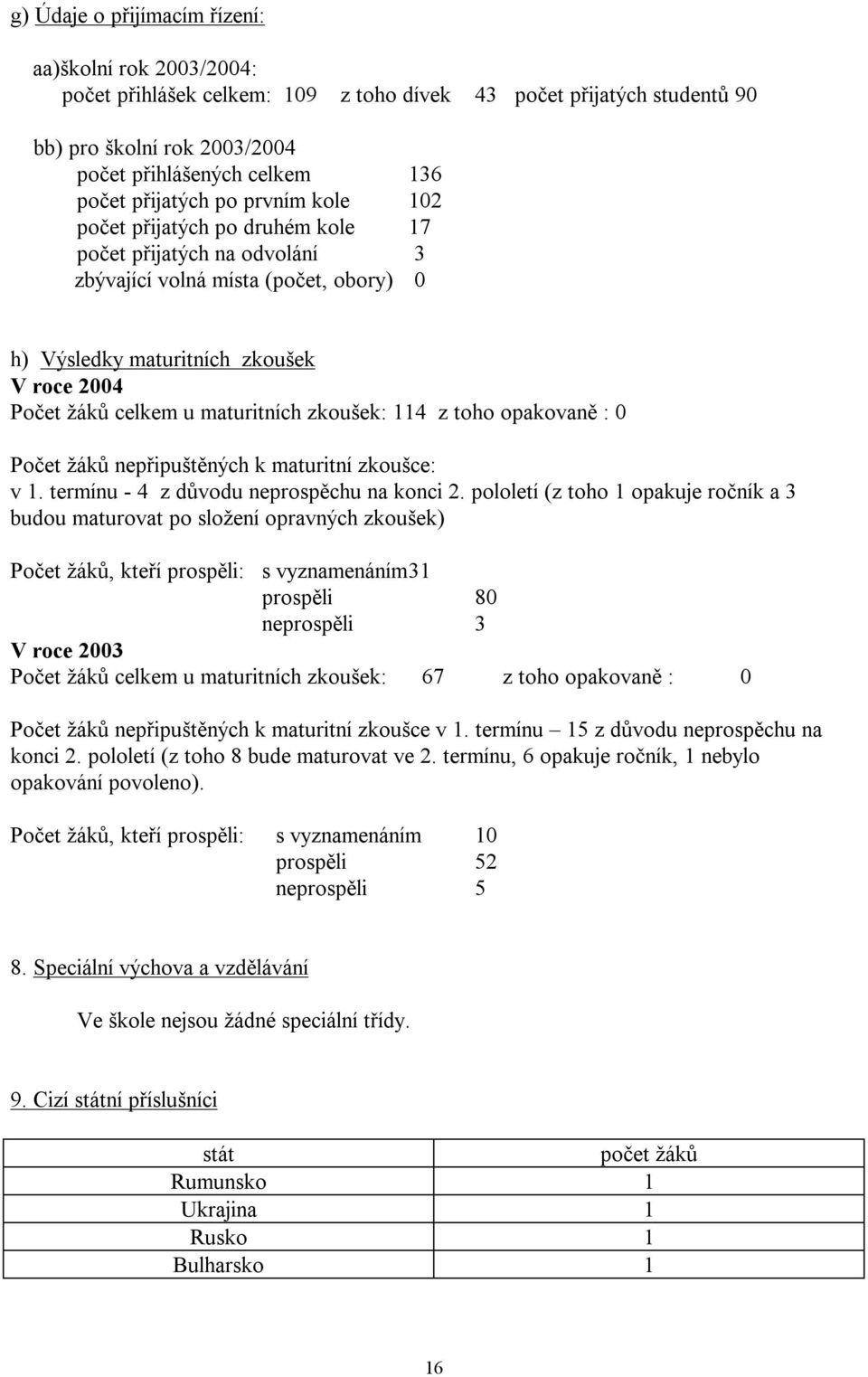 maturitních zkoušek: 114 z toho opakovaně : 0 Počet žáků nepřipuštěných k maturitní zkoušce: v 1. termínu - 4 z důvodu neprospěchu na konci 2.