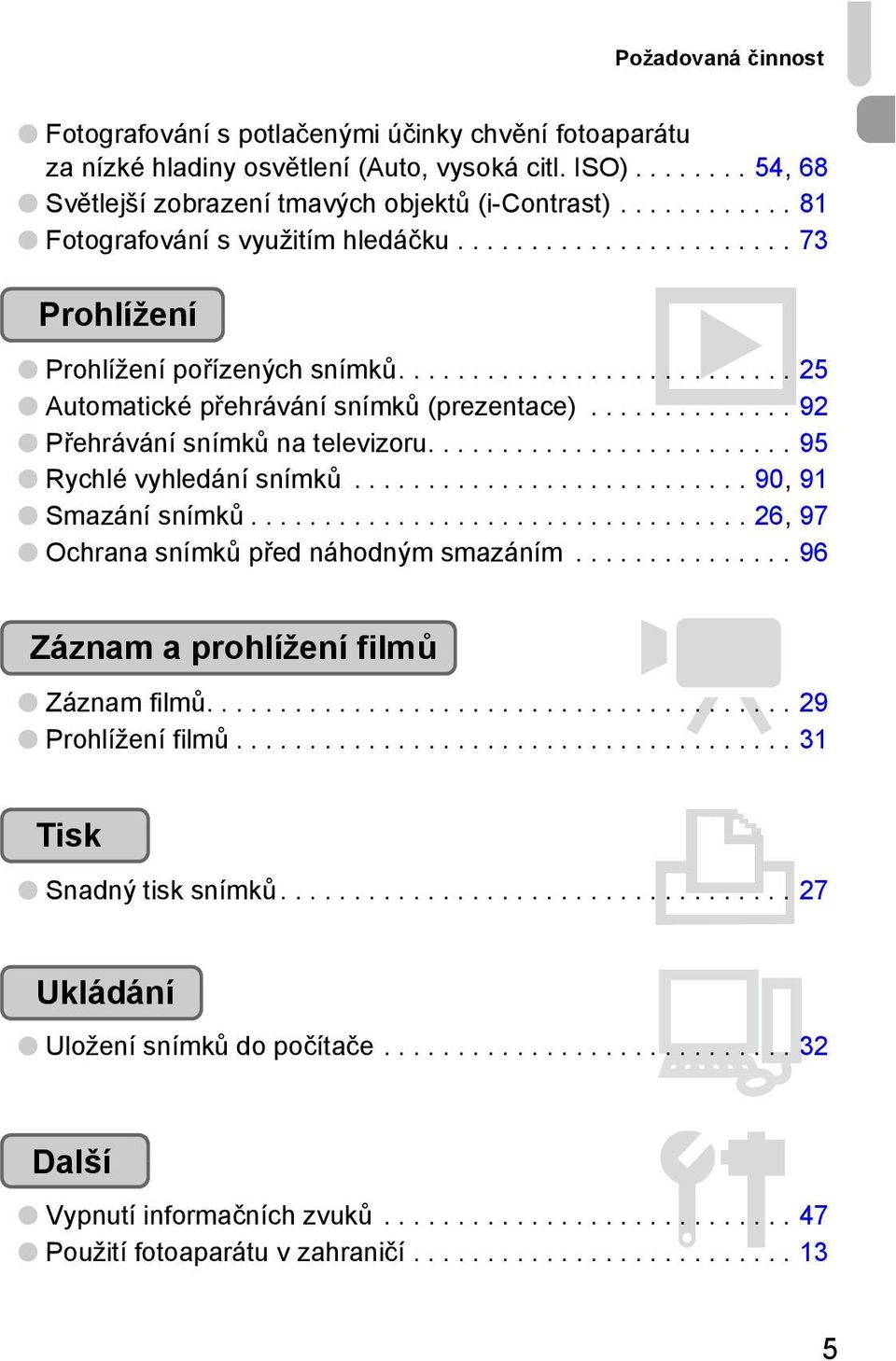 ............. 92 Přehrávání snímků na televizoru......................... 95 Rychlé vyhledání snímků........................... 90, 91 Smazání snímků.................................. 26, 97 Ochrana snímků před náhodným smazáním.