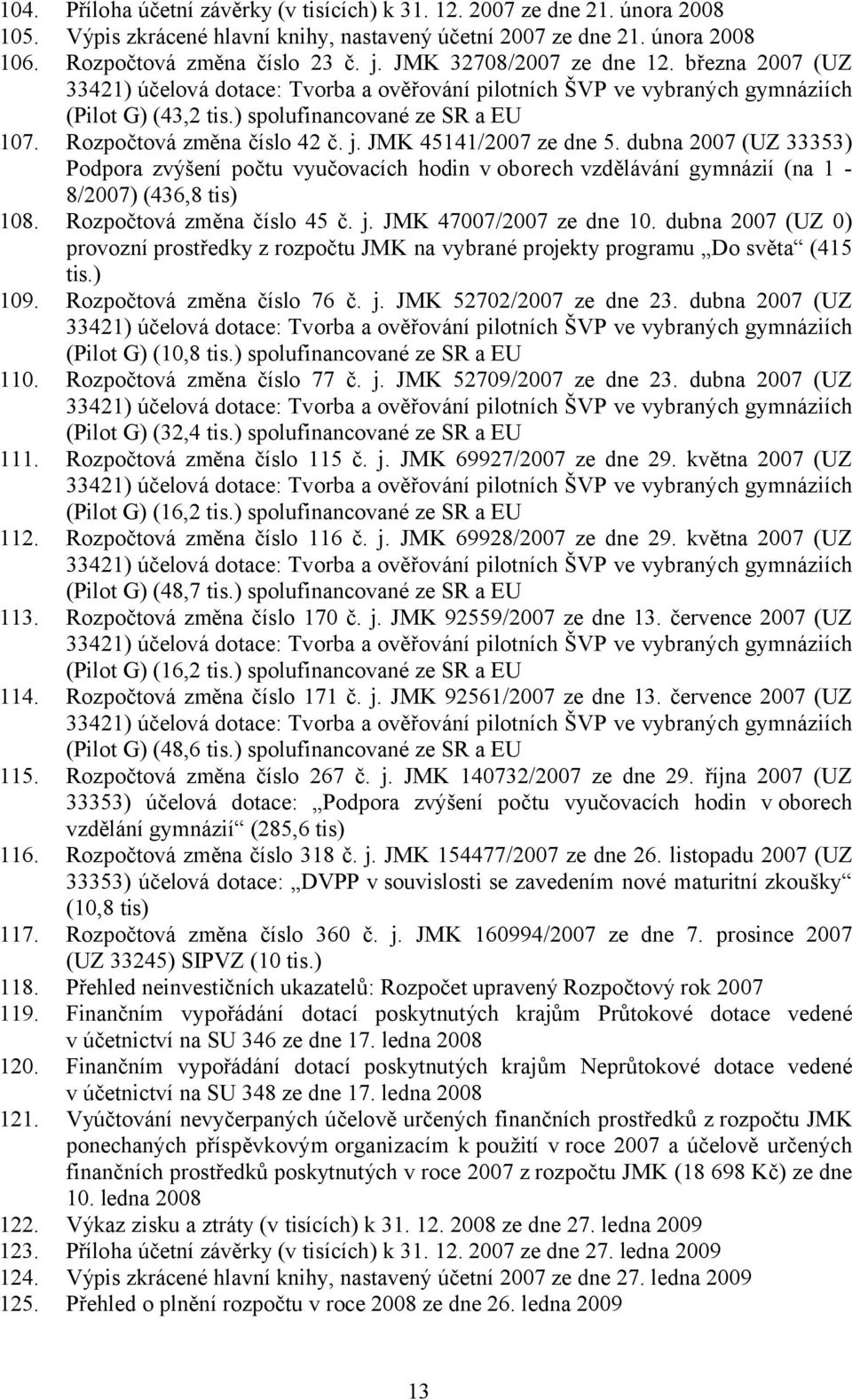 dubna 2007 (UZ 33353) Podpora zvýšení počtu vyučovacích hodin v oborech vzdělávání gymnázií (na 1-8/2007) (436,8 tis) 108. Rozpočtová změna číslo 45 č. j. JMK 47007/2007 ze dne 10.