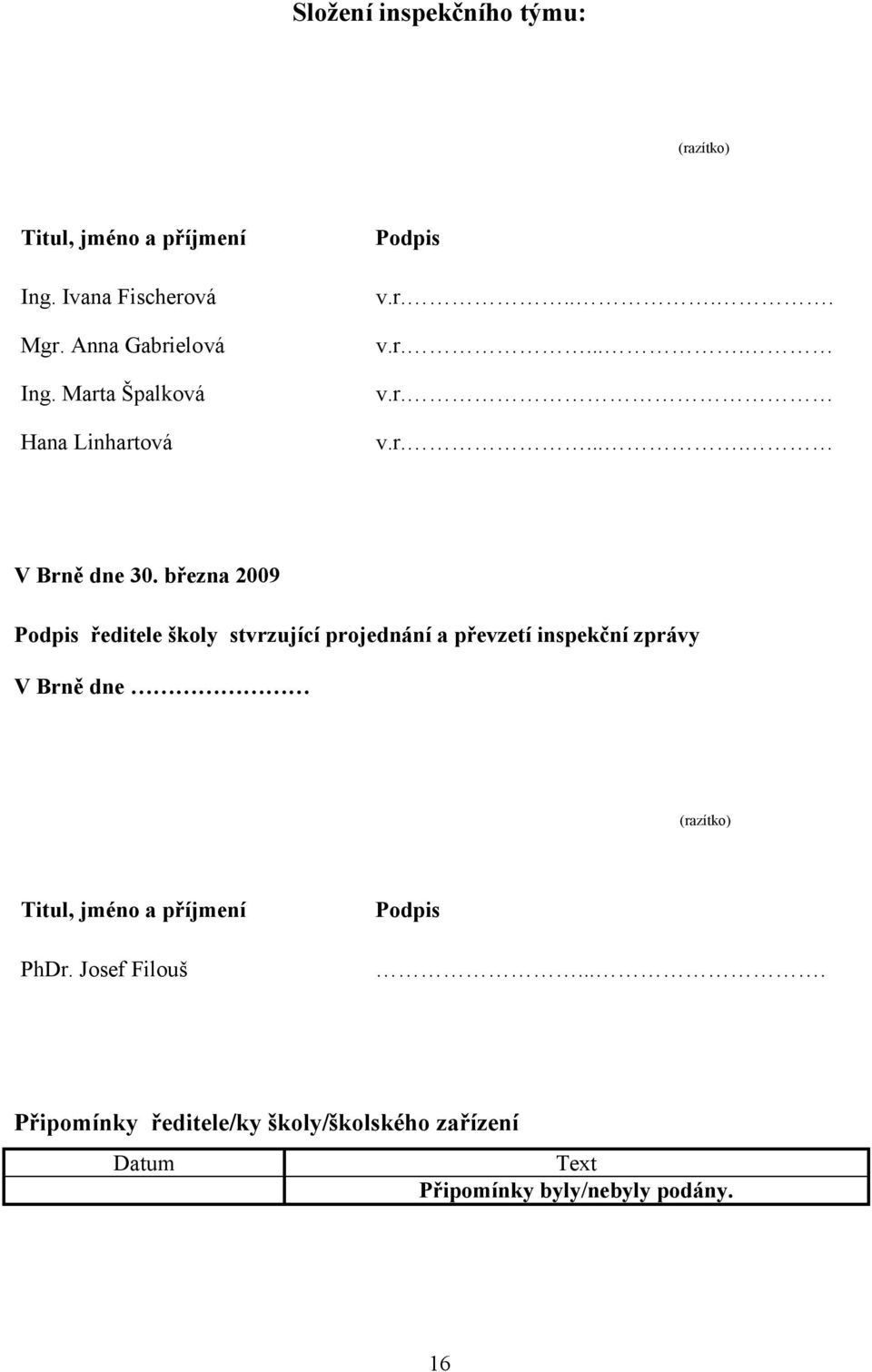 března 2009 Podpis ředitele školy stvrzující projednání a převzetí inspekční zprávy V Brně dne (razítko)