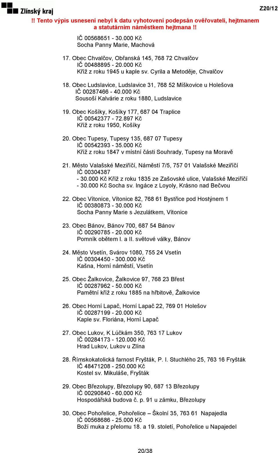 897 Kč Kříž z roku 1950, Košíky 20. Obec Tupesy, Tupesy 135, 687 07 Tupesy IČ 00542393-35.000 Kč Kříž z roku 1847 v místní části Souhrady, Tupesy na Moravě 21.